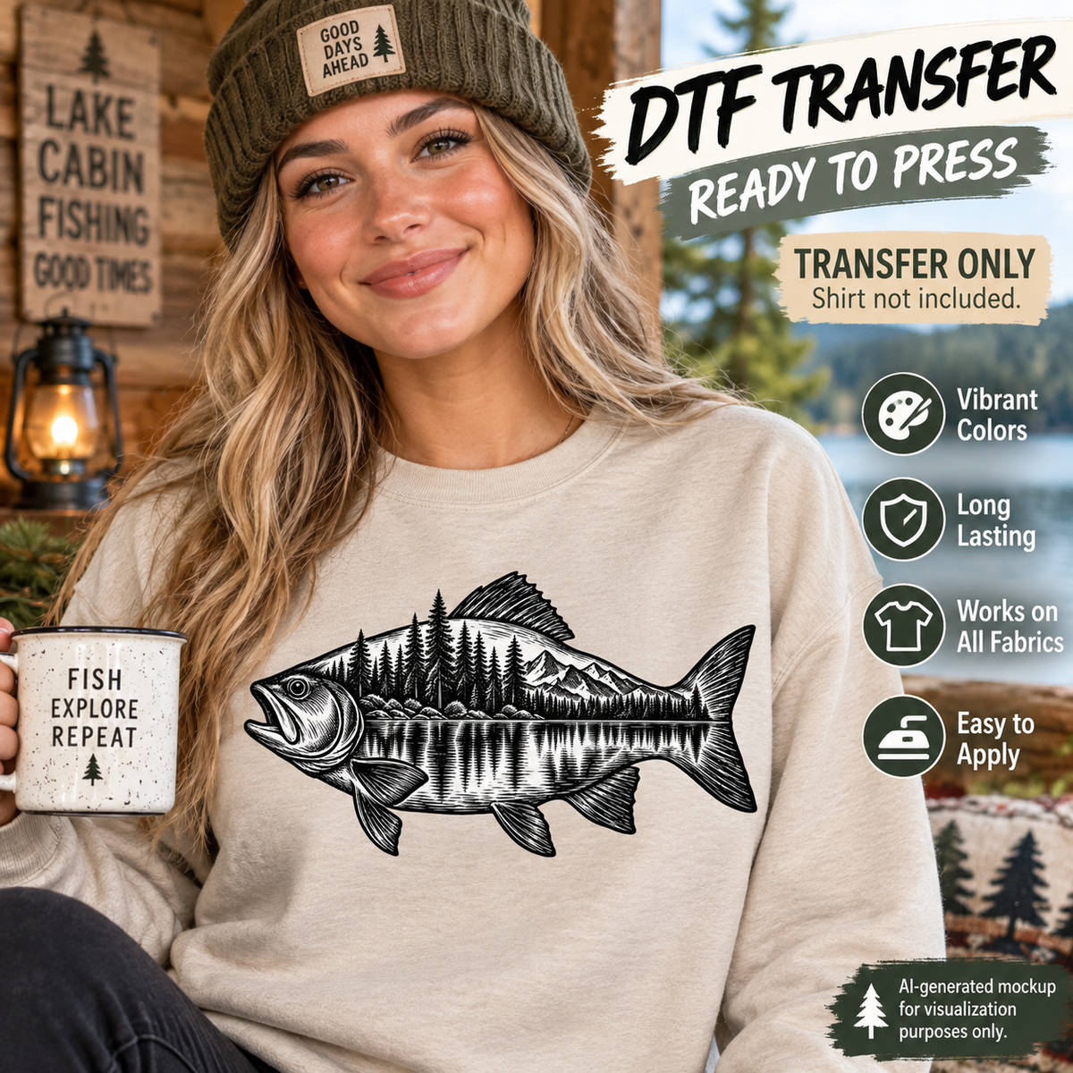 A woman wearing a beige crewneck sweatshirt with a black lake fish graphic, styled with a brown beanie and holding a mug, set against a rustic outdoor background with promotional text overlays.