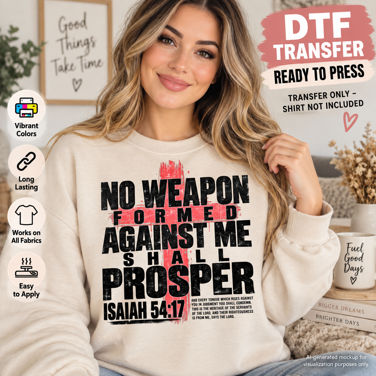 No Weapon Formed Against Me Isaiah 54:17 Christian DTF transfer mockup featuring bold black typography and a red cross on a cream sweatshirt.