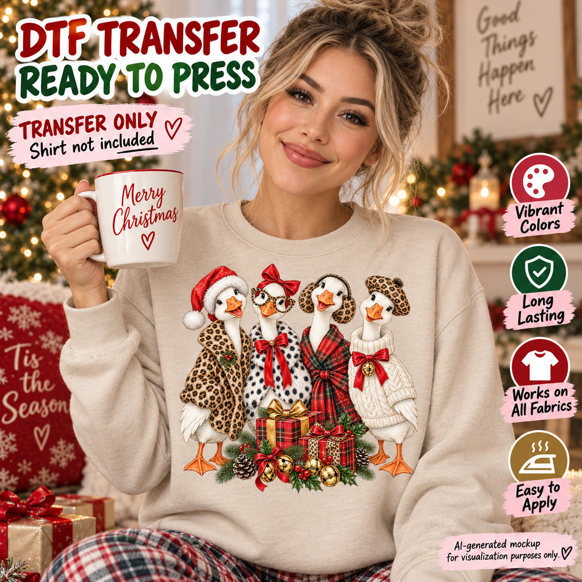 Christmas goose DTF transfer mockup featuring four festive geese in holiday outfits with presents and Christmas accents on a cream sweatshirt.