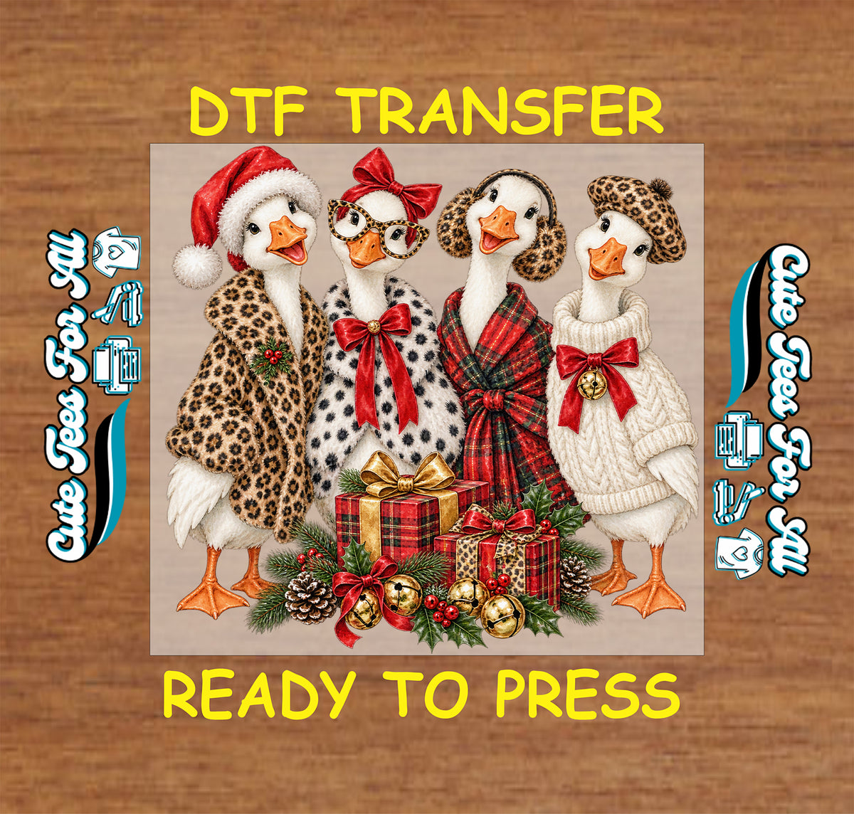 Ready-to-press Christmas DTF transfer featuring four stylish geese dressed in festive holiday clothing with bows, gifts, greenery, and ornaments.
