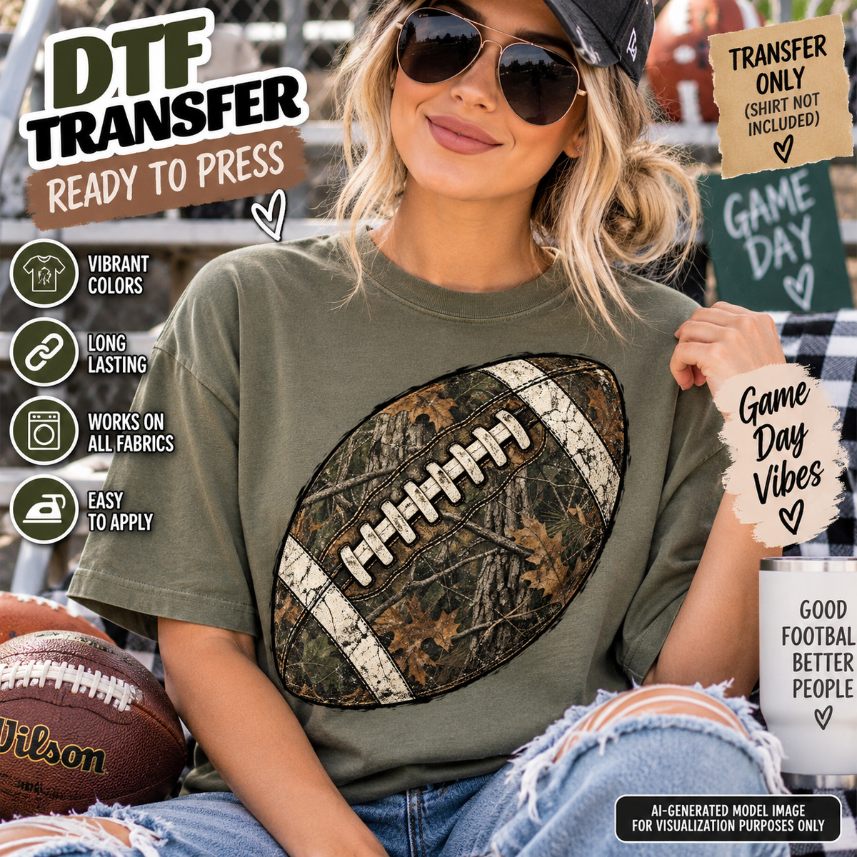 Camo football DTF transfer mockup featuring a woodland camouflage football with distressed white stripes and laces on an olive green T-shirt.