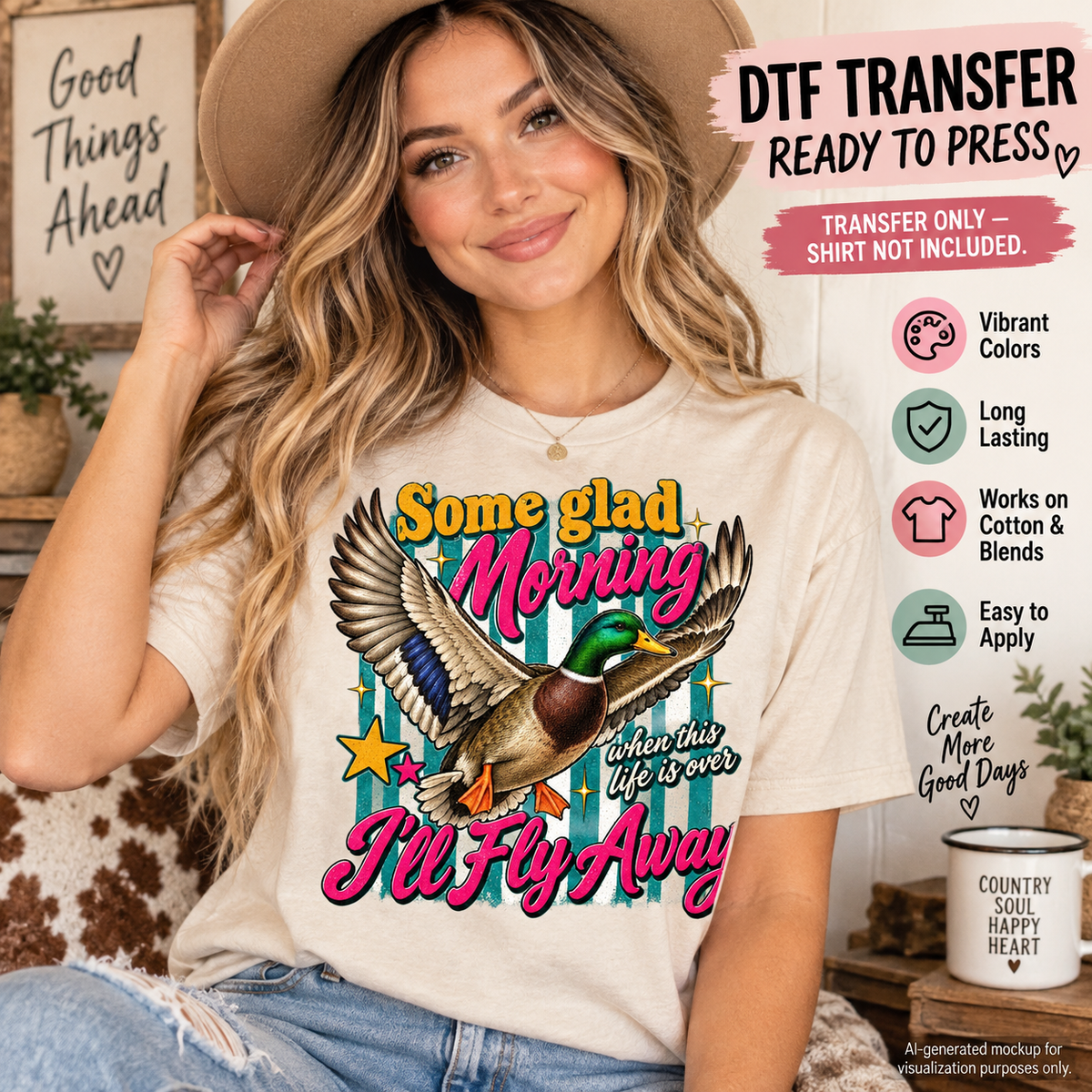A woman wearing a beige hat and a cream-colored t-shirt with a colorful graphic print of a duck and the text 'Some glad Morning I'll Fly Away'. The image includes promotional text overlays on the right side detailing product features.