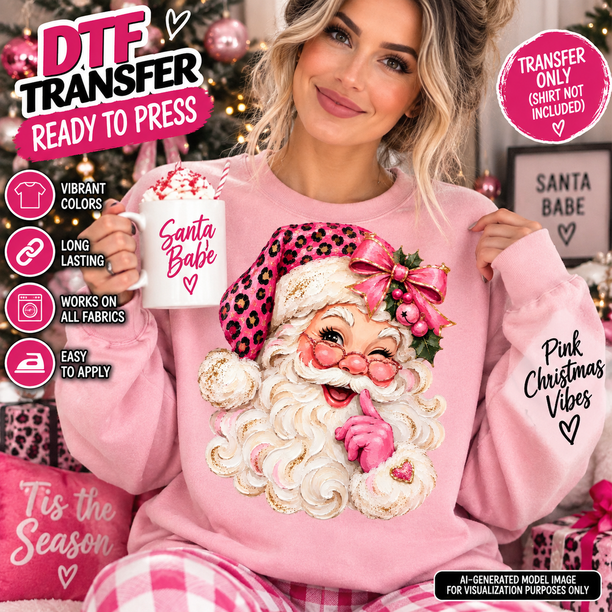 Pink Santa Christmas DTF transfer mockup featuring Santa with pink glasses, leopard-print Santa hat, bow, and holly on a pink sweatshirt.