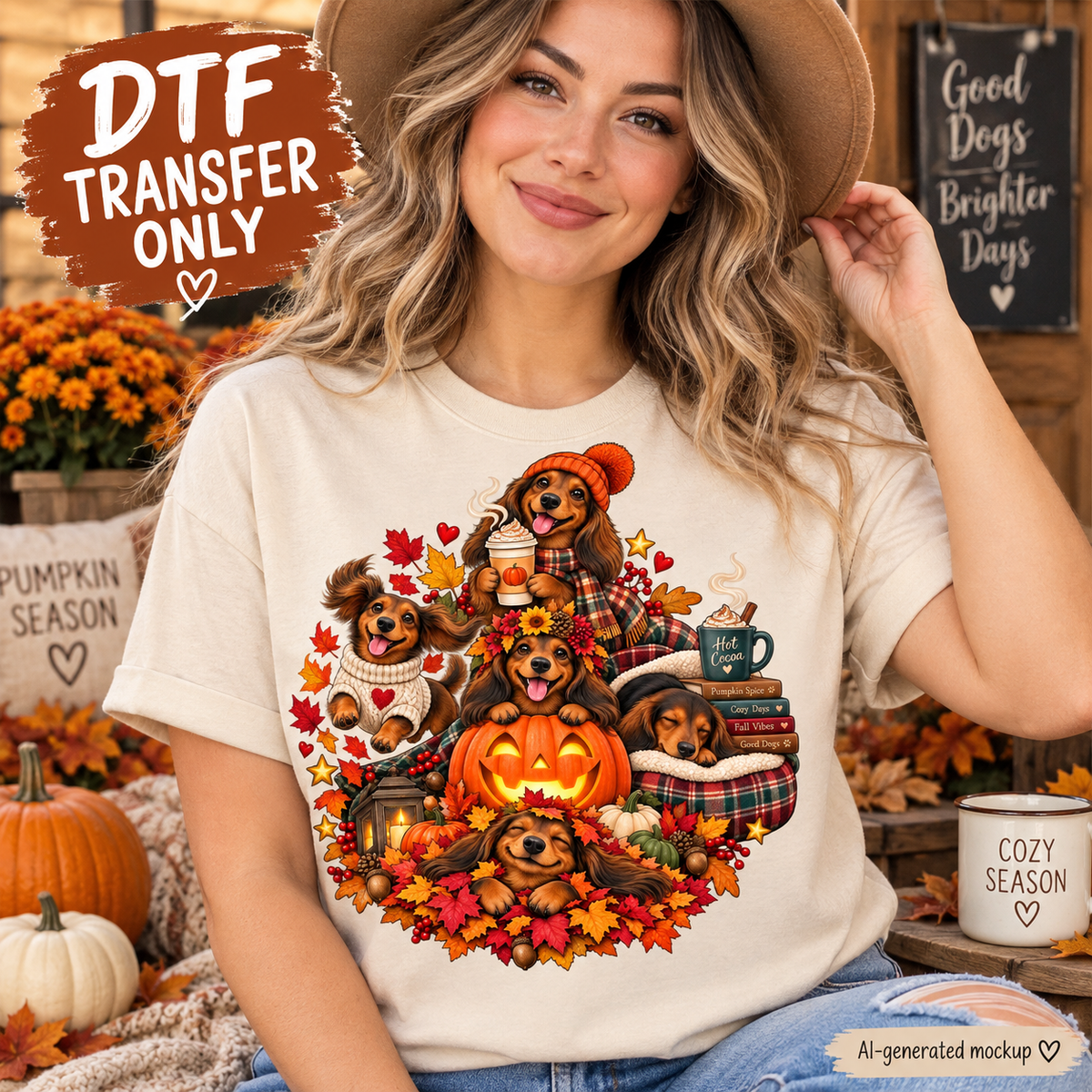 A woman wearing a cream-colored t-shirt with a colorful graphic of dachshunds surrounded by autumn leaves, pumpkins, and a jack-o'-lantern. The scene is styled as a cozy fall mockup with pumpkins, a mug, and autumn decorations.