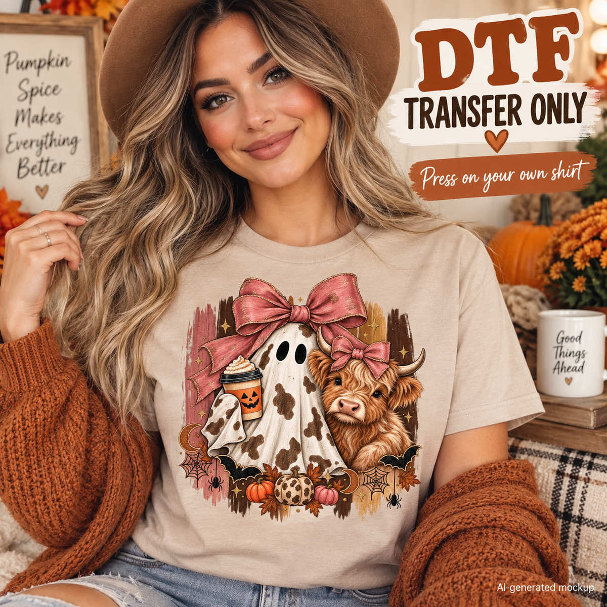 Cow print ghost Highland cow Halloween DTF transfer mockup featuring pink bows, pumpkin spice drink, pumpkins, bats, and fall accents on a cream T-shirt.