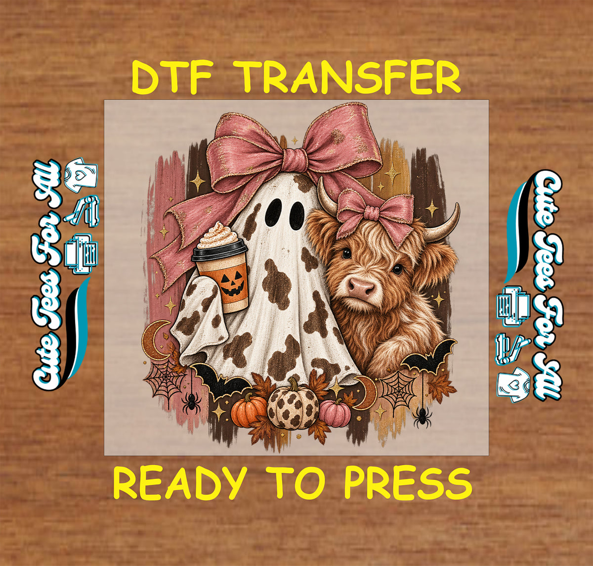 Ready-to-press Halloween DTF transfer featuring a cow-print ghost with pumpkin spice coffee, Highland cow, pink bows, pumpkins, bats, spiderwebs, and autumn leaves.