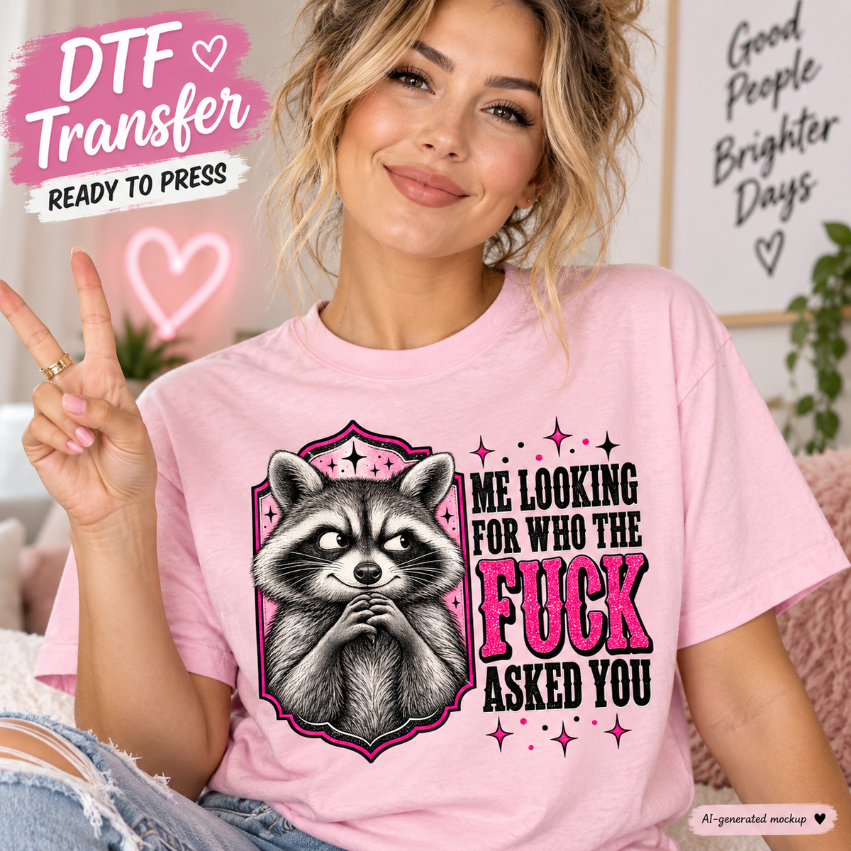 A woman wearing a light pink graphic t-shirt with a raccoon illustration and bold text reading 'ME LOOKING FOR WHO THE FUCK ASKED YOU'. The image includes promotional overlays for a DTF transfer service.