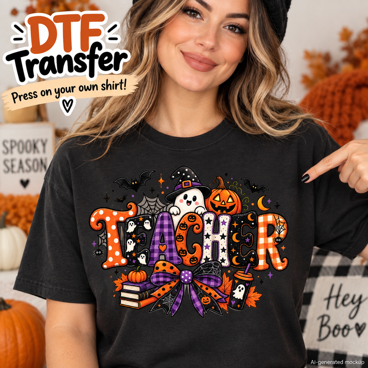 A woman wearing a black t-shirt with a colorful 'TALL' Halloween graphic, pointing to the design. The graphic features a witch, ghosts, pumpkins, and a purple plaid bow.