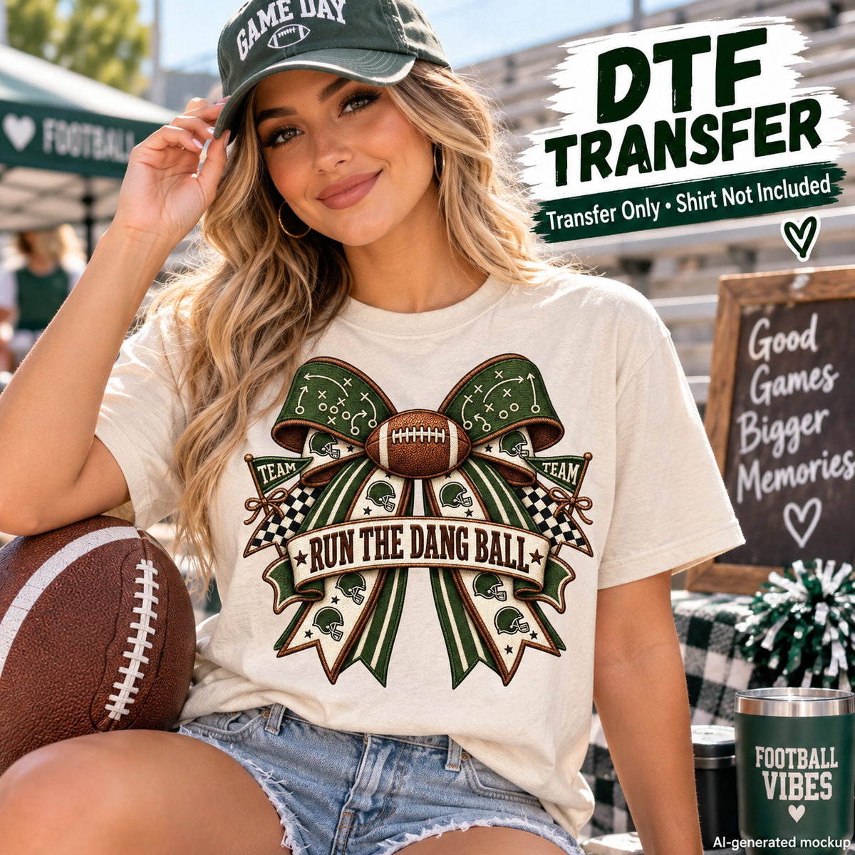 A woman at a football game wears a cream graphic T-shirt with a large green and brown bow design reading 'RUN THE DANG BALL' and a football motif. She also wears a dark green cap and denim shorts, with a football beside her and promotional text in the upper right that says 'DTF TRANSFER' and 'Transfer Only • Shirt Not Included.