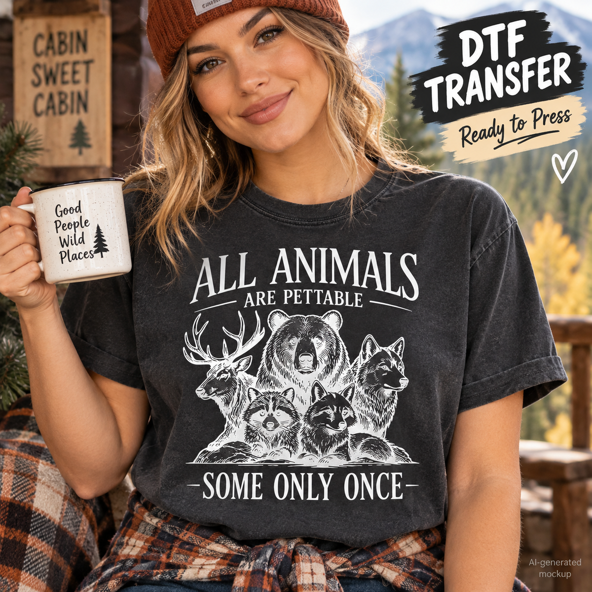 A woman wearing a dark charcoal gray graphic t-shirt with a white distressed print of various animals and the text 'ALL ANIMALS ARE PETTABLE SOME ONLY ONCE'. She is holding a white mug that says 'Good People Wild Places' and wearing a brown beanie.