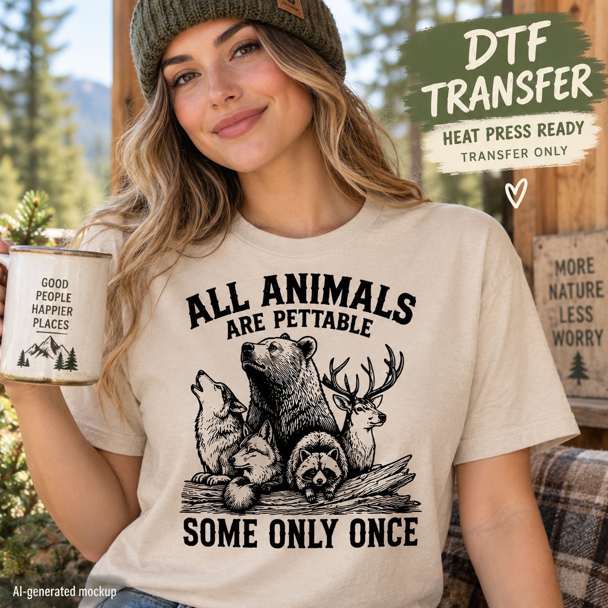 All Animals Are Pettable DTF transfer mockup featuring bear, wolf, deer, fox, and raccoon artwork with funny outdoor saying on a cream T-shirt.