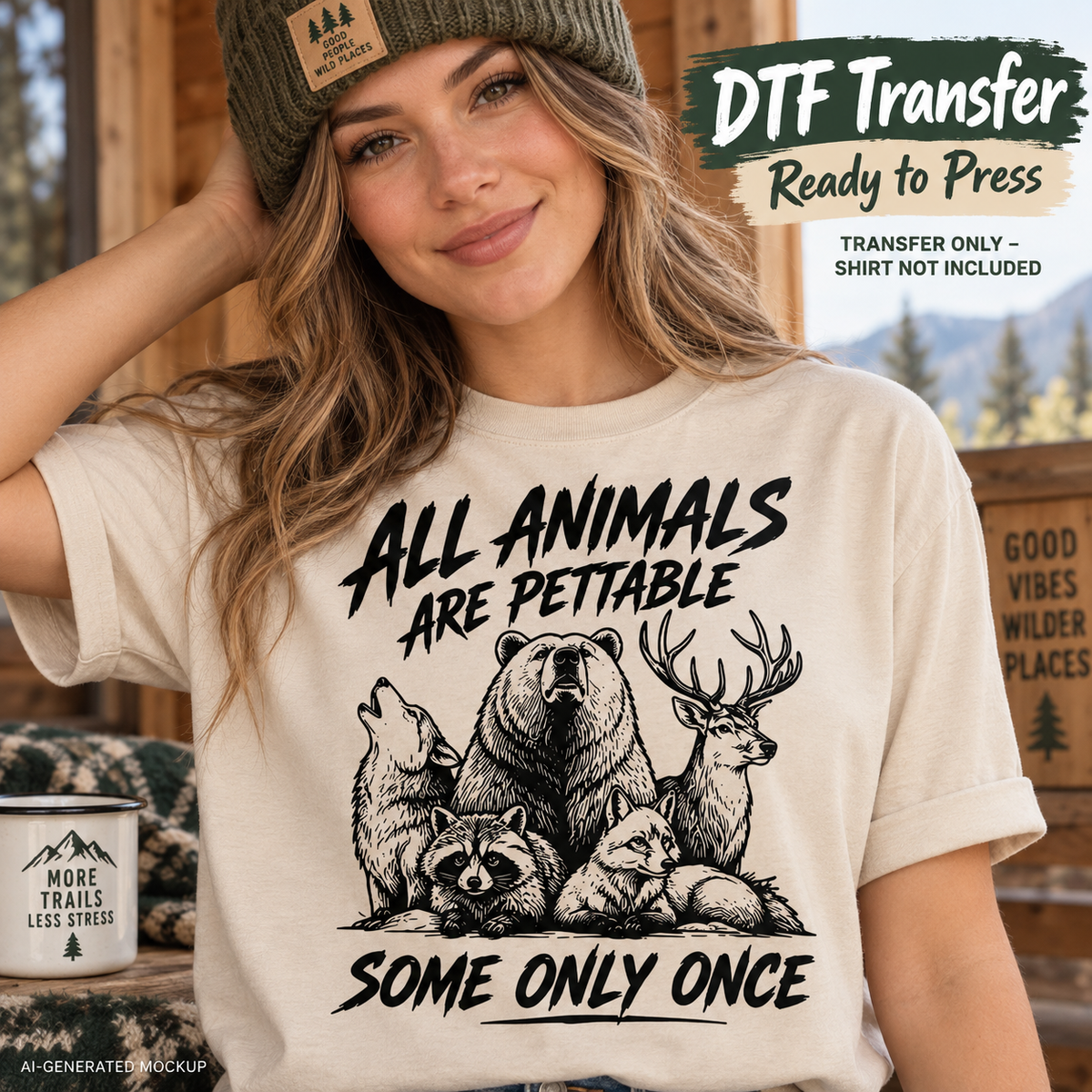 All Animals Are Pettable DTF transfer mockup featuring bear, wolf, deer, raccoon, and fox wildlife artwork on a cream T-shirt.