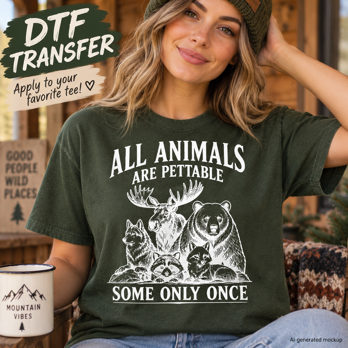 All Animals Are Pettable DTF transfer mockup featuring woodland wildlife with bear, moose, raccoon, and funny outdoor saying on a dark green T-shirt.