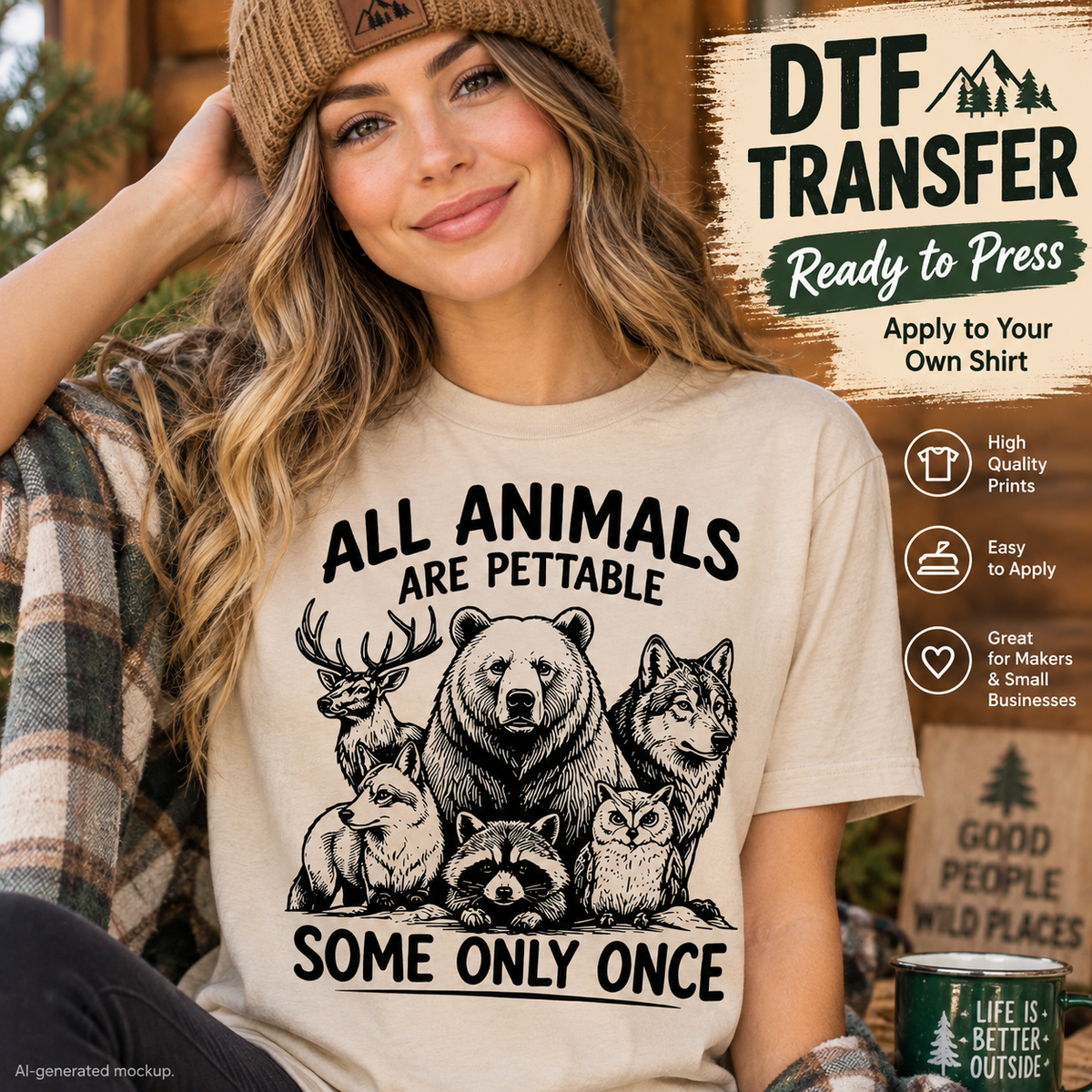 A woman wearing a beige graphic T-shirt with black printed text reading 'ALL ANIMALS ARE PETTABLE SOME ONLY ONCE' and an illustration of bears, wolves, a deer, a raccoon, and an owl. The scene is outdoors with a beanie, plaid shirt, and a promotional graphic panel about DTF transfer on the right.