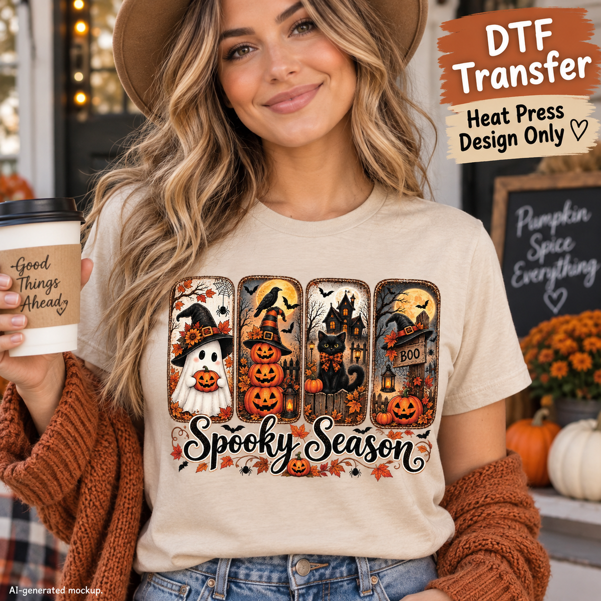 Spooky Season Halloween DTF transfer mockup featuring ghost, black cat, pumpkins, haunted houses, bats, witch hats, and fall leaves on a cream T-shirt.