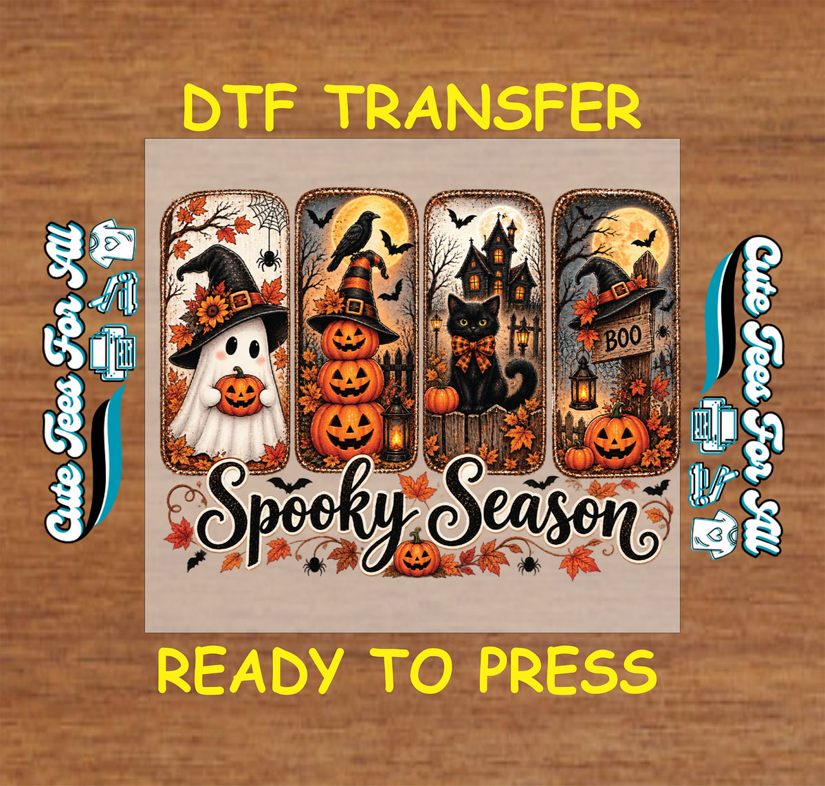 Ready-to-press Halloween DTF transfer featuring Spooky Season lettering with ghost, black cat, stacked pumpkins, haunted house, bats, spiders, and autumn leaves.