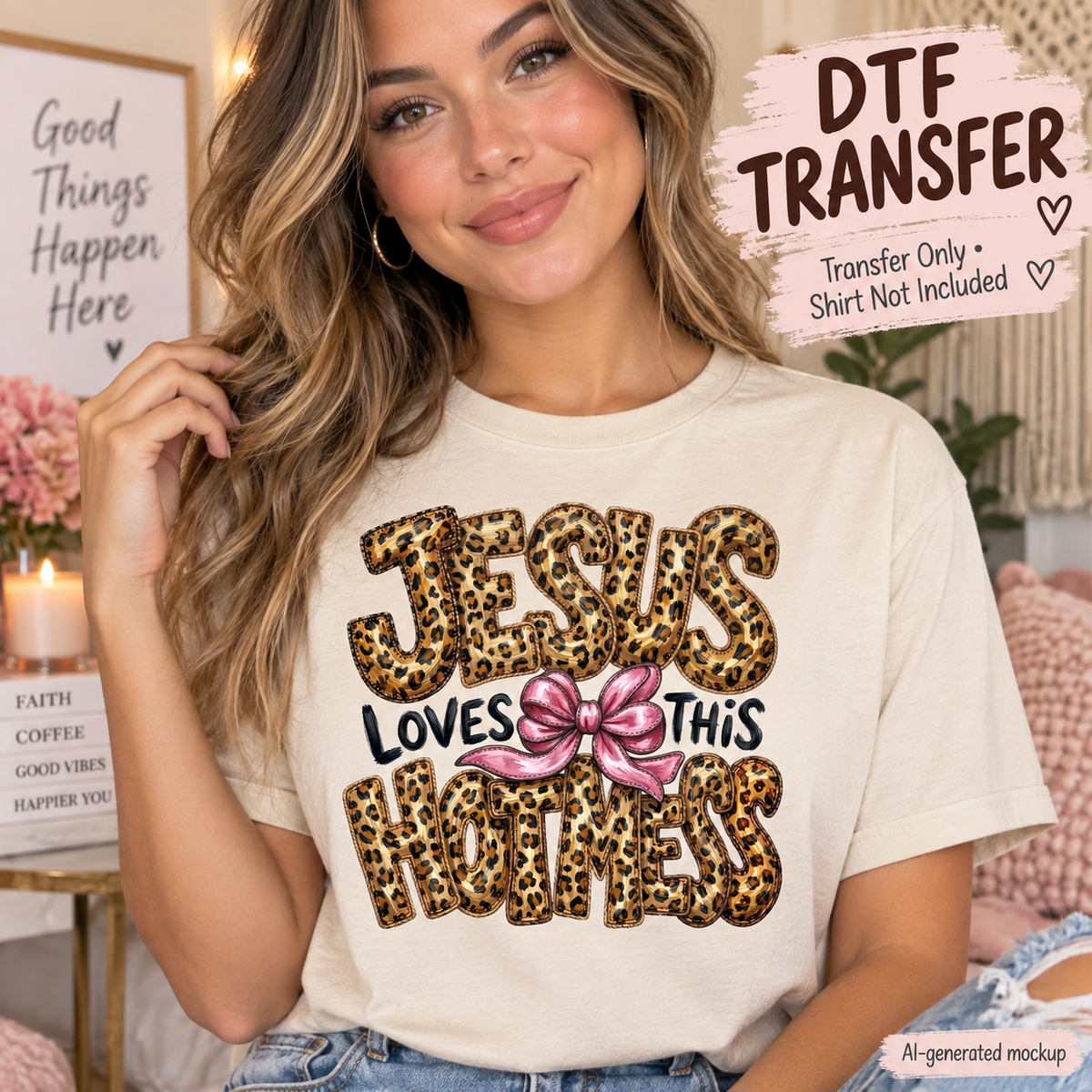 Jesus Loves This Hot Mess Christian DTF transfer mockup featuring leopard print lettering and pink bow displayed on a cream T-shirt.