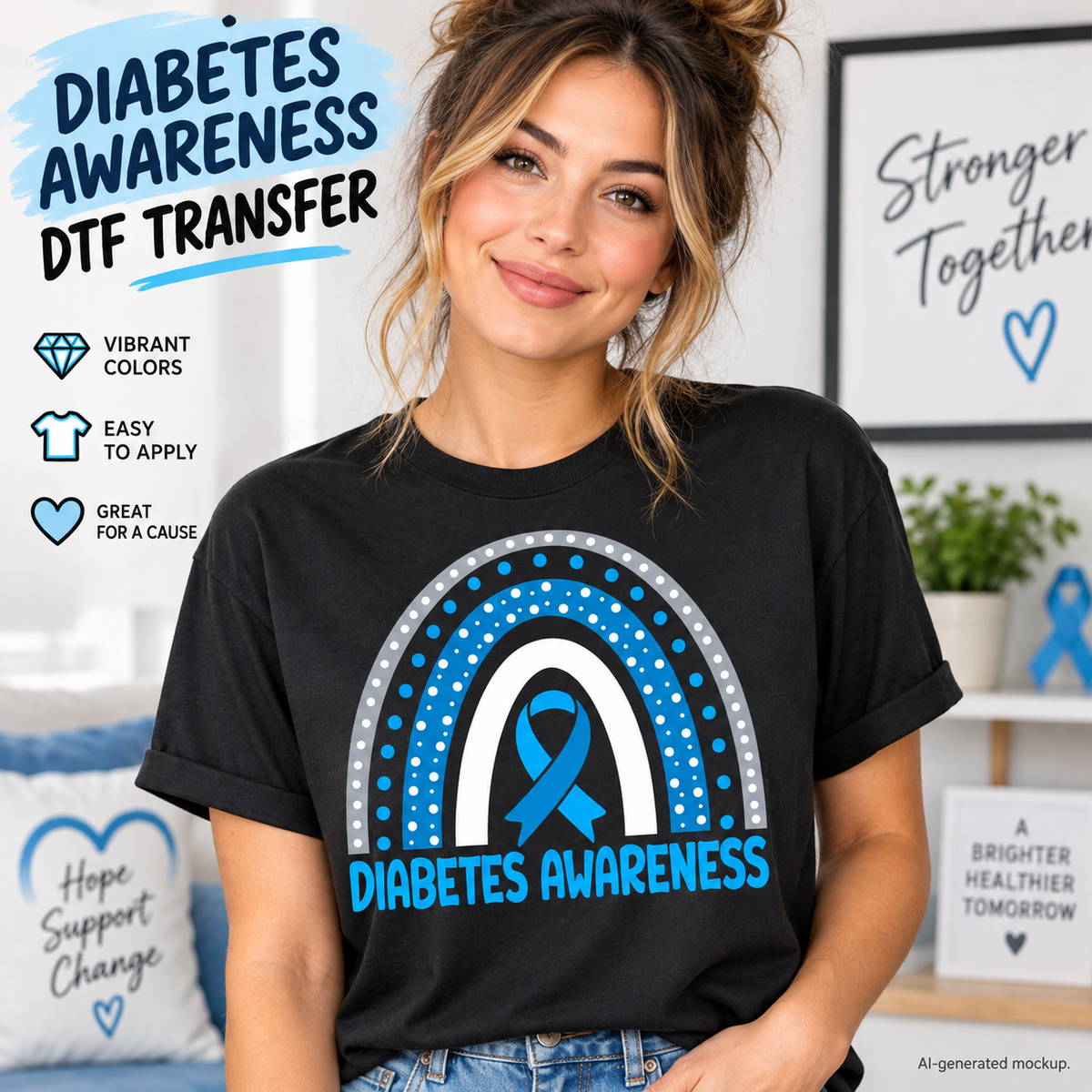 A woman wearing a black graphic T-shirt with a diabetes awareness design, shown in a styled indoor setting with promotional text overlays on the left.