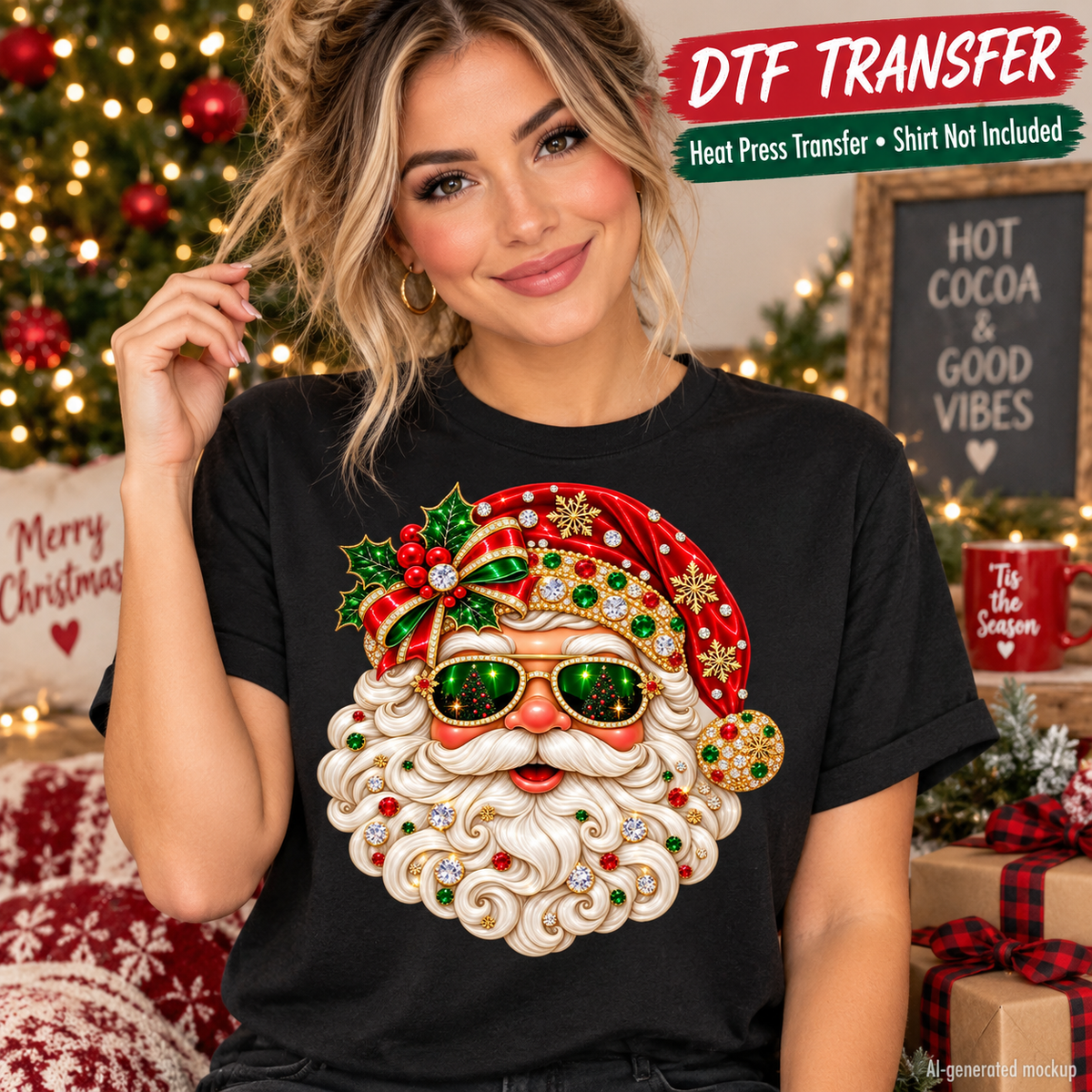 Jeweled Santa Claus Christmas DTF transfer mockup featuring festive sunglasses, holly, snowflakes and sparkling holiday details on a black T-shirt.
