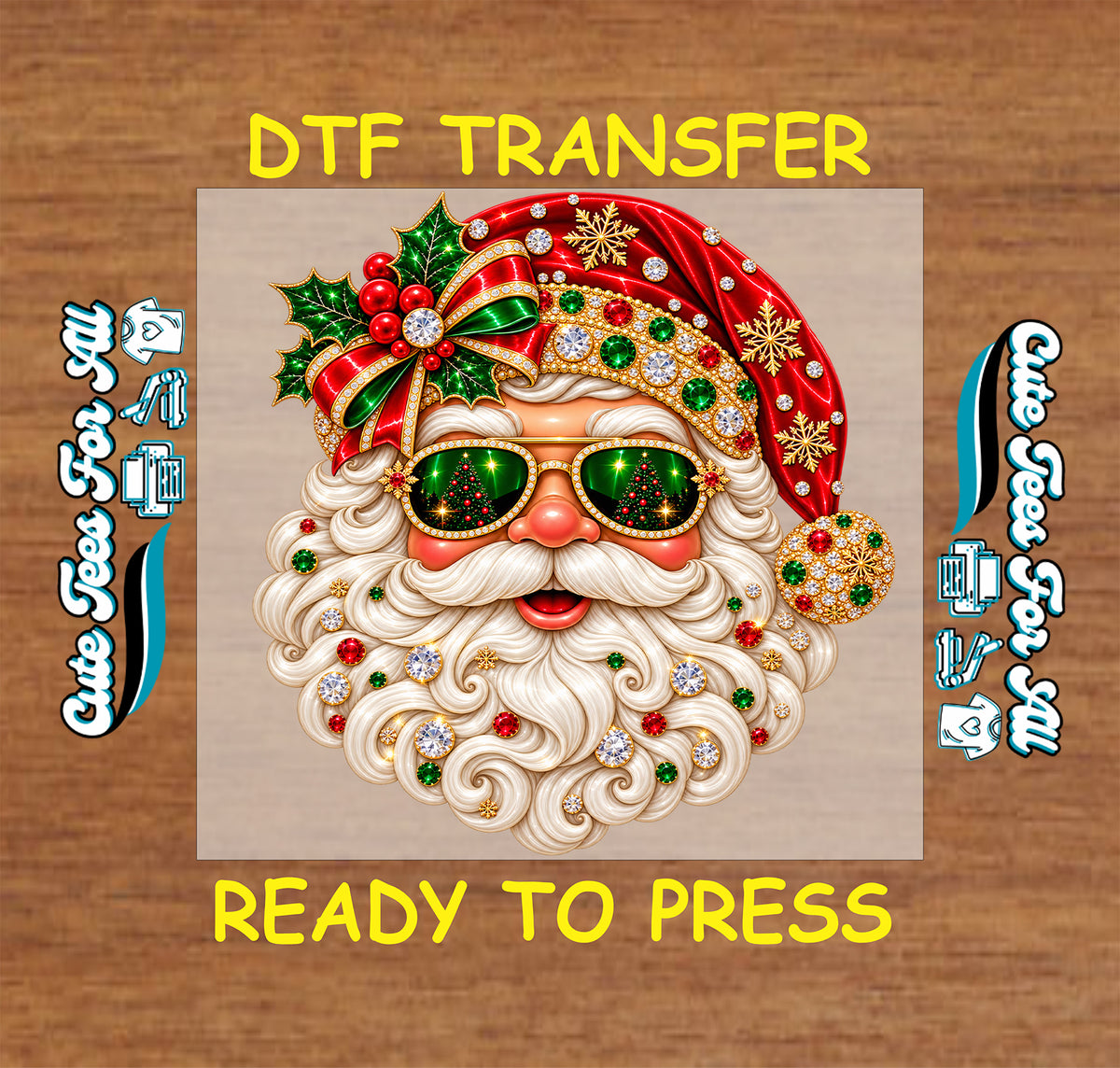 Santa Claus Christmas DTF transfer featuring jeweled red hat, green sunglasses, holly, snowflakes and festive rhinestone-inspired accents.
