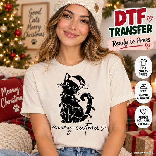 Merry Catmas Christmas DTF transfer mockup featuring a black cat in Santa hat wrapped with holiday lights displayed on a cream T-shirt.