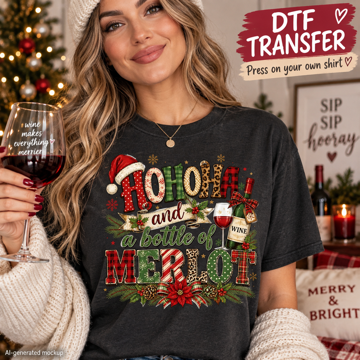 A woman wearing a dark charcoal gray t-shirt with a festive Christmas 'HOLLOHA and a bottle of MERRY' DTF transfer graphic, holding a glass of red wine in a decorated holiday setting.