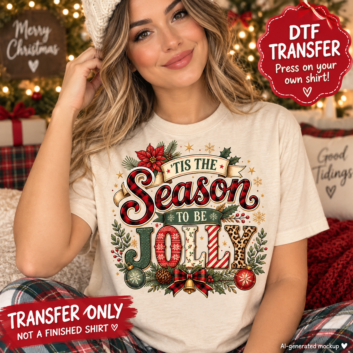 Woman wearing a cream Christmas shirt featuring a Tis the Season to Be Jolly holiday design as a DTF transfer mockup.