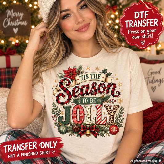 Woman wearing a cream Christmas shirt featuring a Tis the Season to Be Jolly holiday design as a DTF transfer mockup.