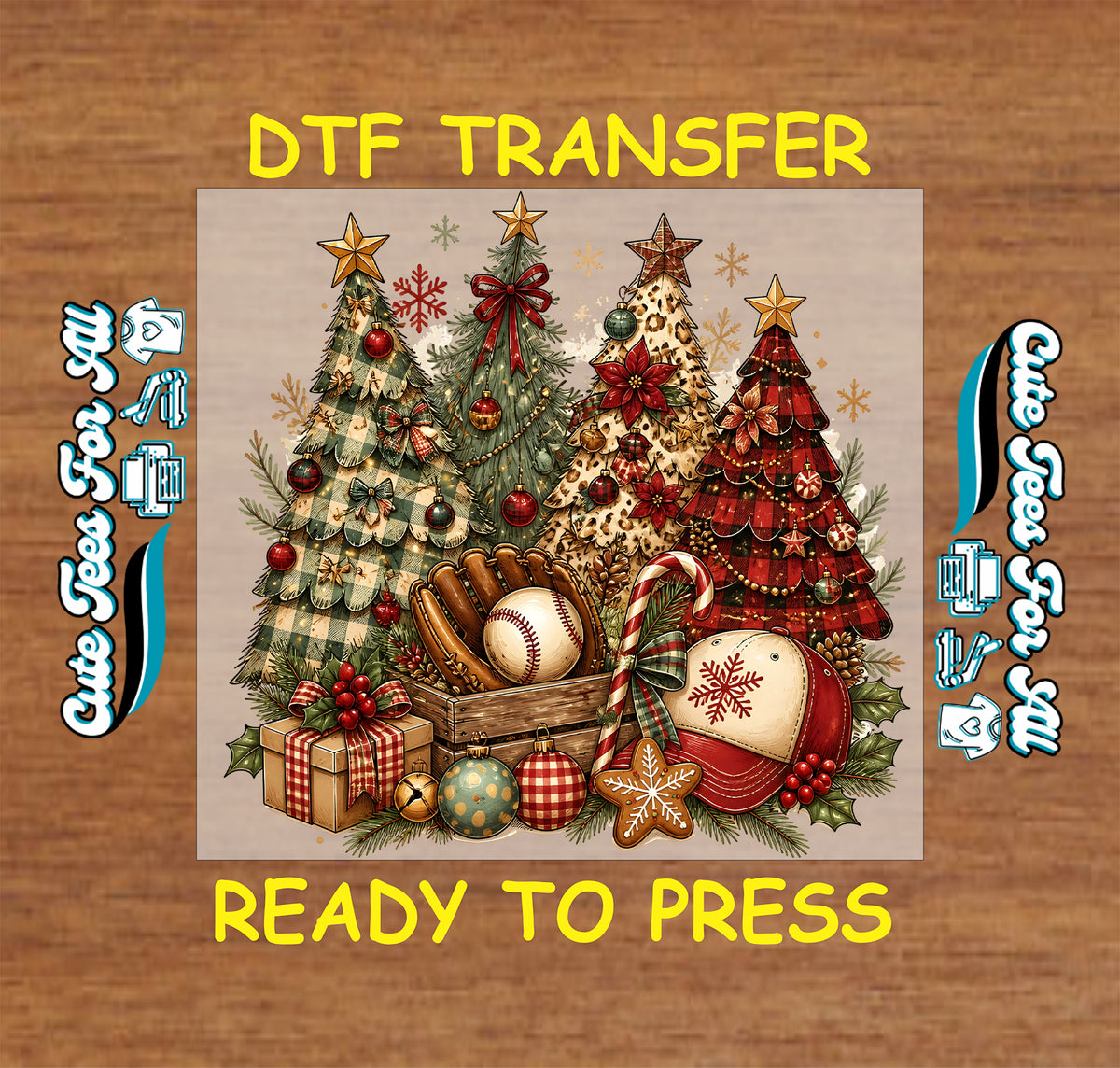 Baseball Christmas DTF transfer featuring decorated holiday trees, baseball glove and ball, festive cap, ornaments, gifts, greenery and candy cane details.