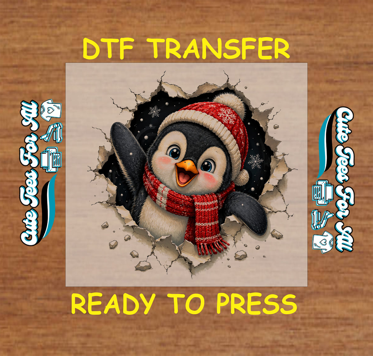 Cute Christmas penguin DTF transfer featuring a smiling penguin wearing a red knit hat and scarf with snowflakes and a torn-wall effect.