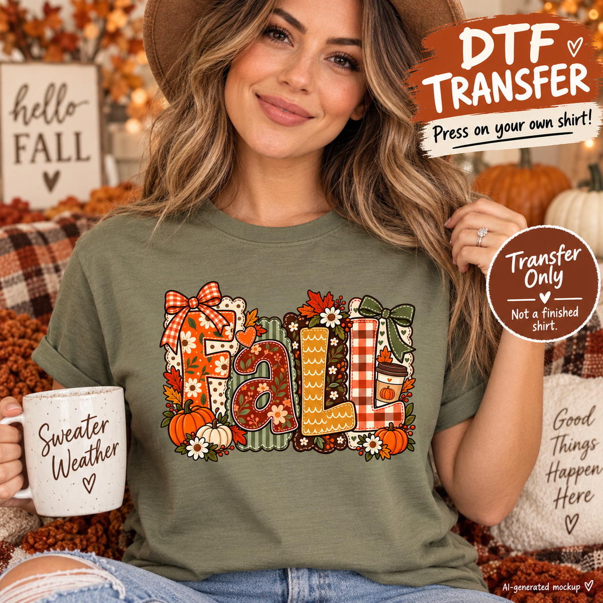 Woman wearing an olive green shirt featuring a colorful Fall design with pumpkins, bows, florals, leaves and patterned lettering as a DTF transfer mockup.