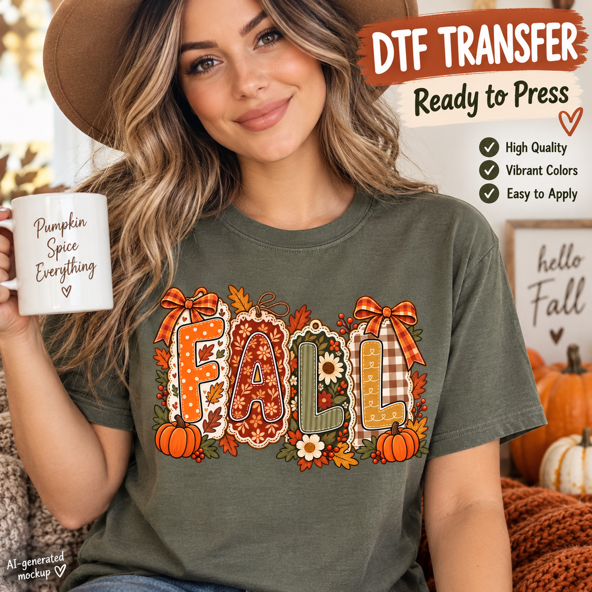Woman wearing an olive green shirt featuring a colorful Fall design with pumpkins, bows, daisies, leaves and patterned lettering as a DTF transfer mockup.