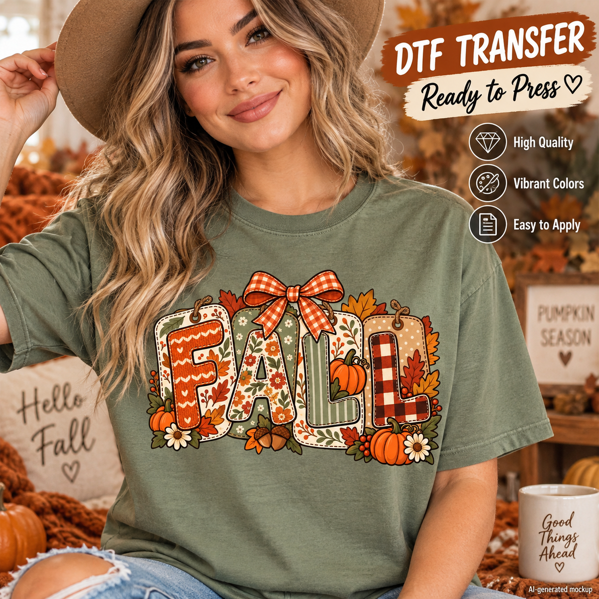 Woman wearing an olive green shirt featuring a colorful Fall design with pumpkins, gingham bow, florals, leaves and patterned lettering as a DTF transfer mockup.