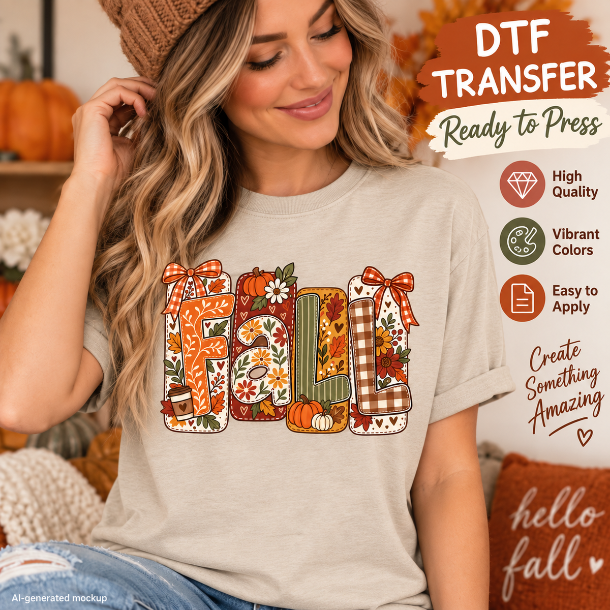 Woman wearing a cream shirt featuring a colorful Fall design with pumpkins, bows, florals, leaves and patterned lettering as a DTF transfer mockup.