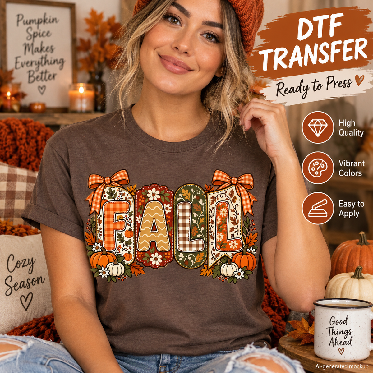 A woman wearing a brown t-shirt with a colorful 'FALL' graphic, posed in a cozy autumn-themed room with pumpkins and candles. Text overlays on the right describe the DTF transfer product features.