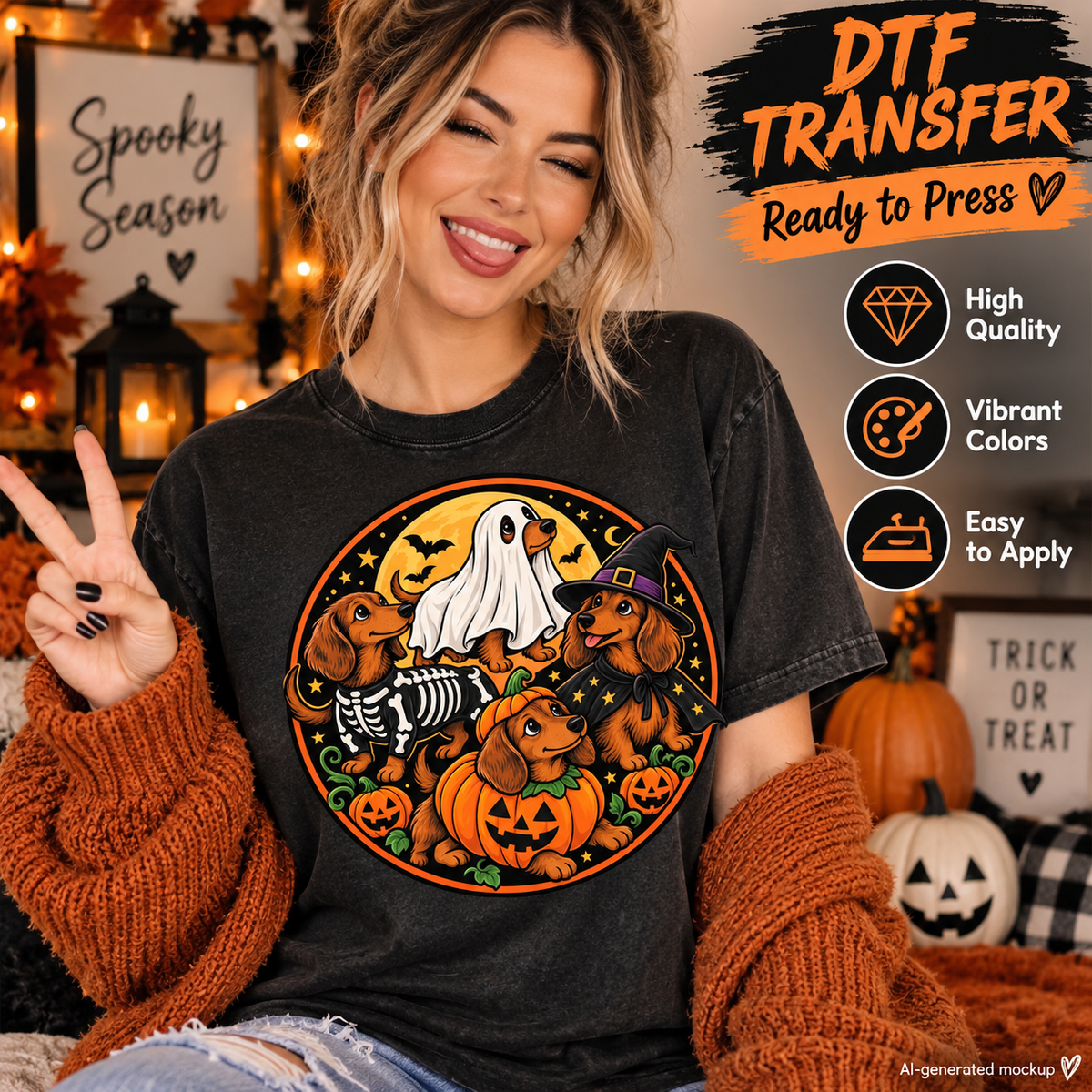 A woman wearing a black graphic t-shirt with a colorful Halloween dachshund print, posed in a cozy, decorated autumn room with pumpkins and warm lights. Text overlays on the right describe the 'DTF Transfer' features.