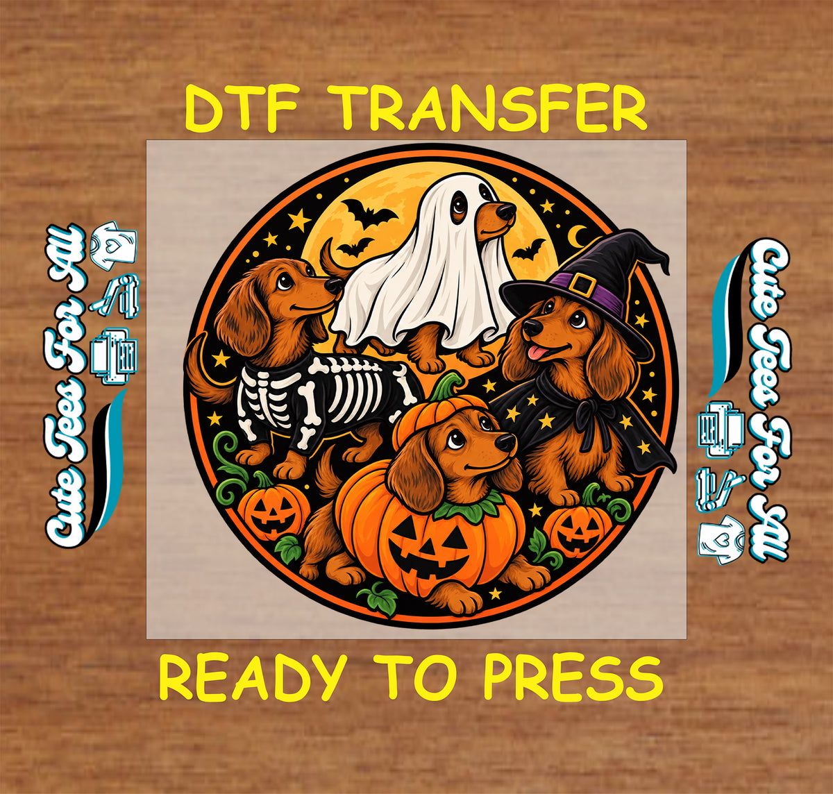 Halloween dachshund DTF transfer featuring four wiener dogs in spooky costumes with pumpkins, bats, stars and a glowing moon.