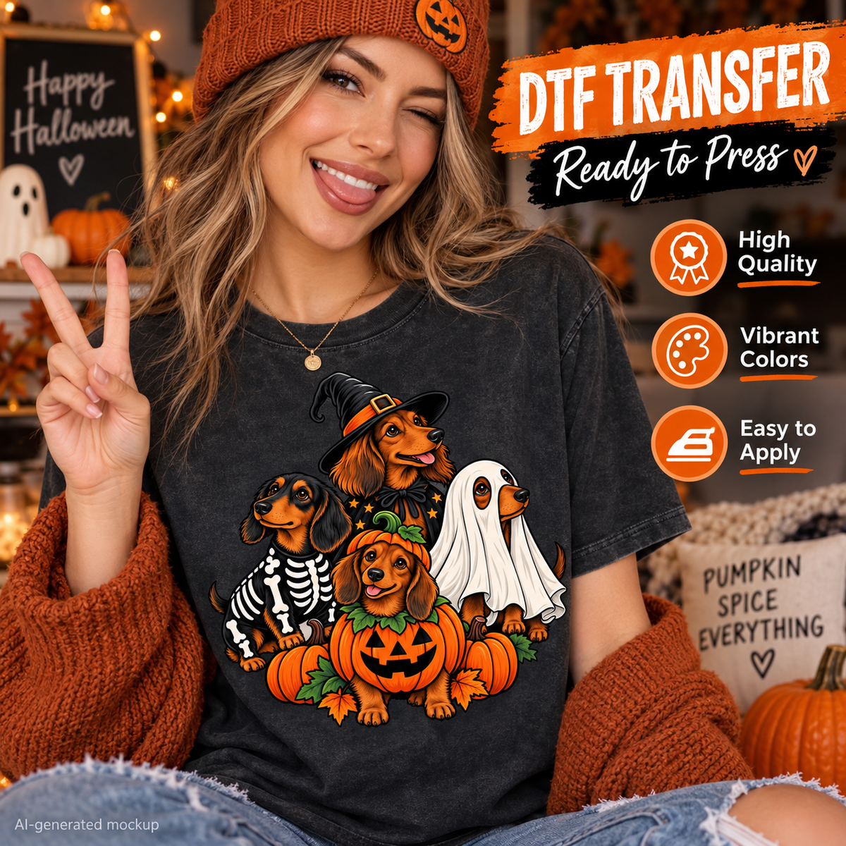 Woman wearing a dark Halloween shirt featuring four dachshund dogs dressed as a witch, skeleton, ghost and pumpkin as a DTF transfer mockup.