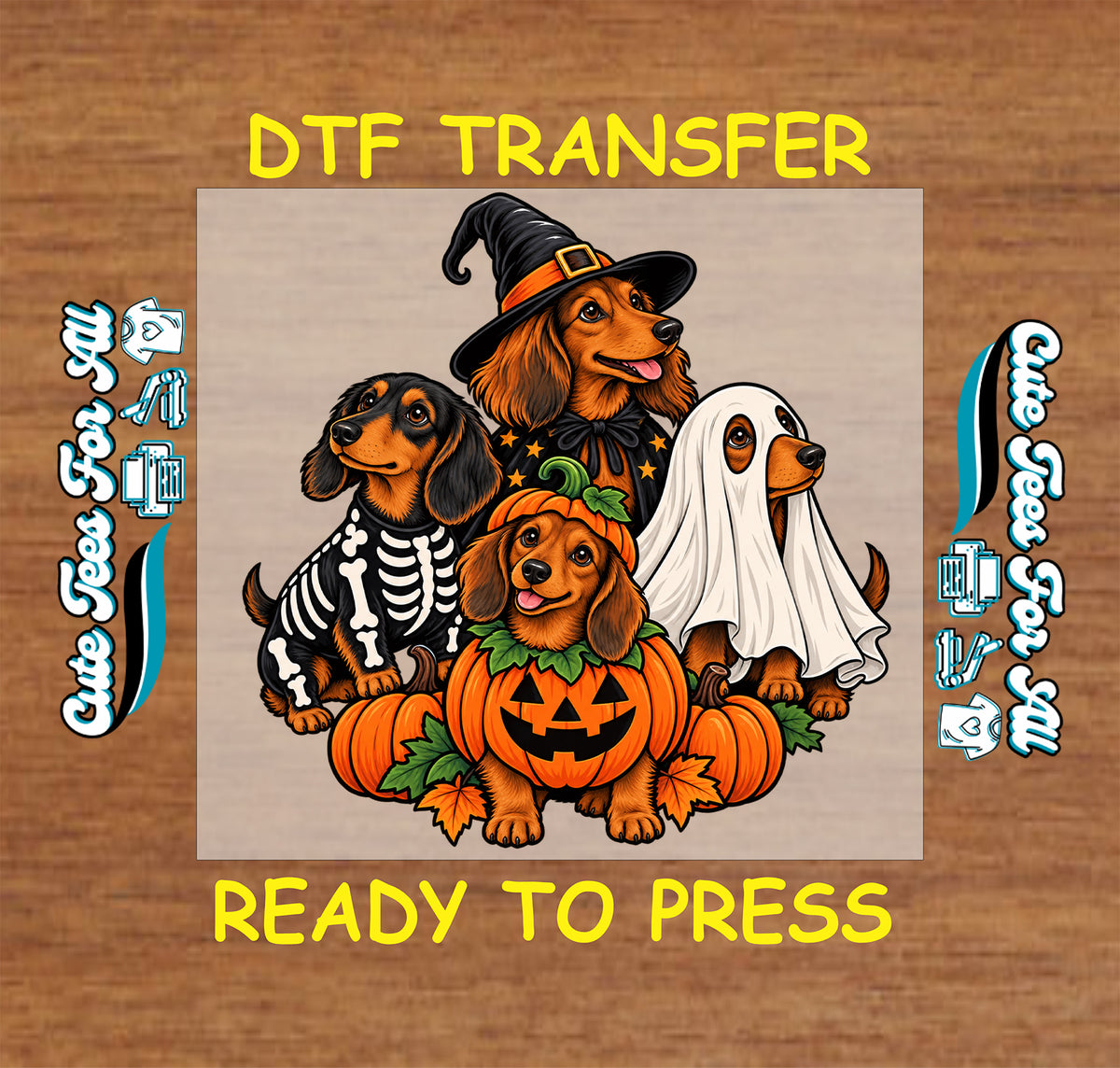 Halloween dachshund DTF transfer featuring four wiener dogs in witch, skeleton, ghost and pumpkin costumes with jack-o-lanterns and autumn leaves.