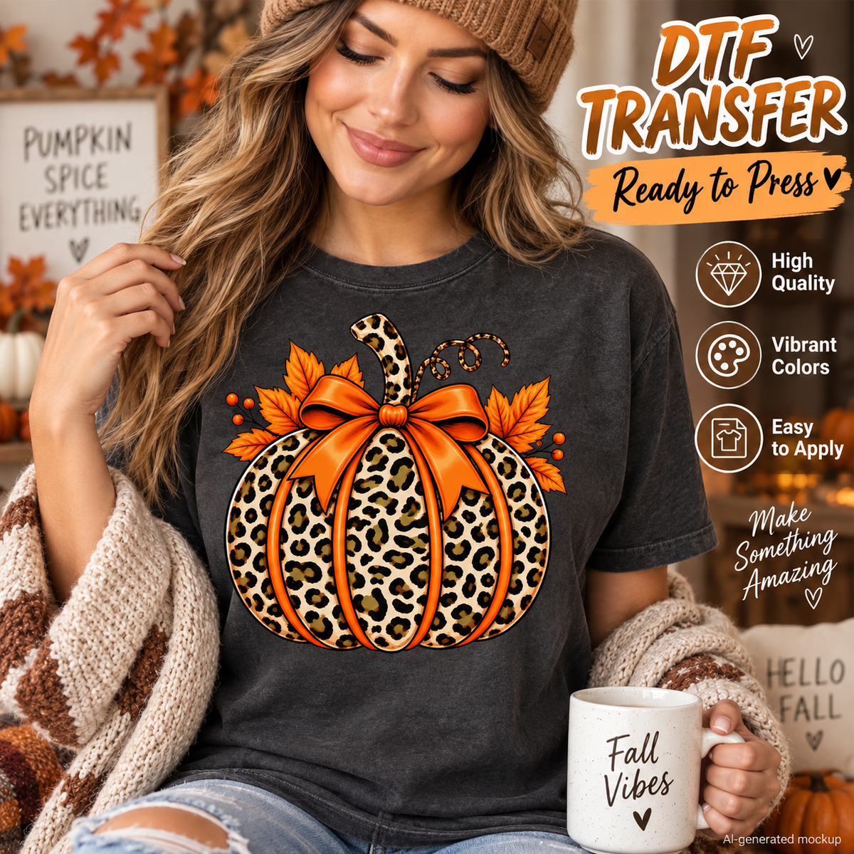 A woman wearing a dark charcoal t-shirt with a leopard-print pumpkin and orange bow graphic, styled with a chunky knit cardigan and beanie in a cozy autumn-themed setting. Text overlays on the right highlight 'DTF TRANSFER Ready to Press' features.