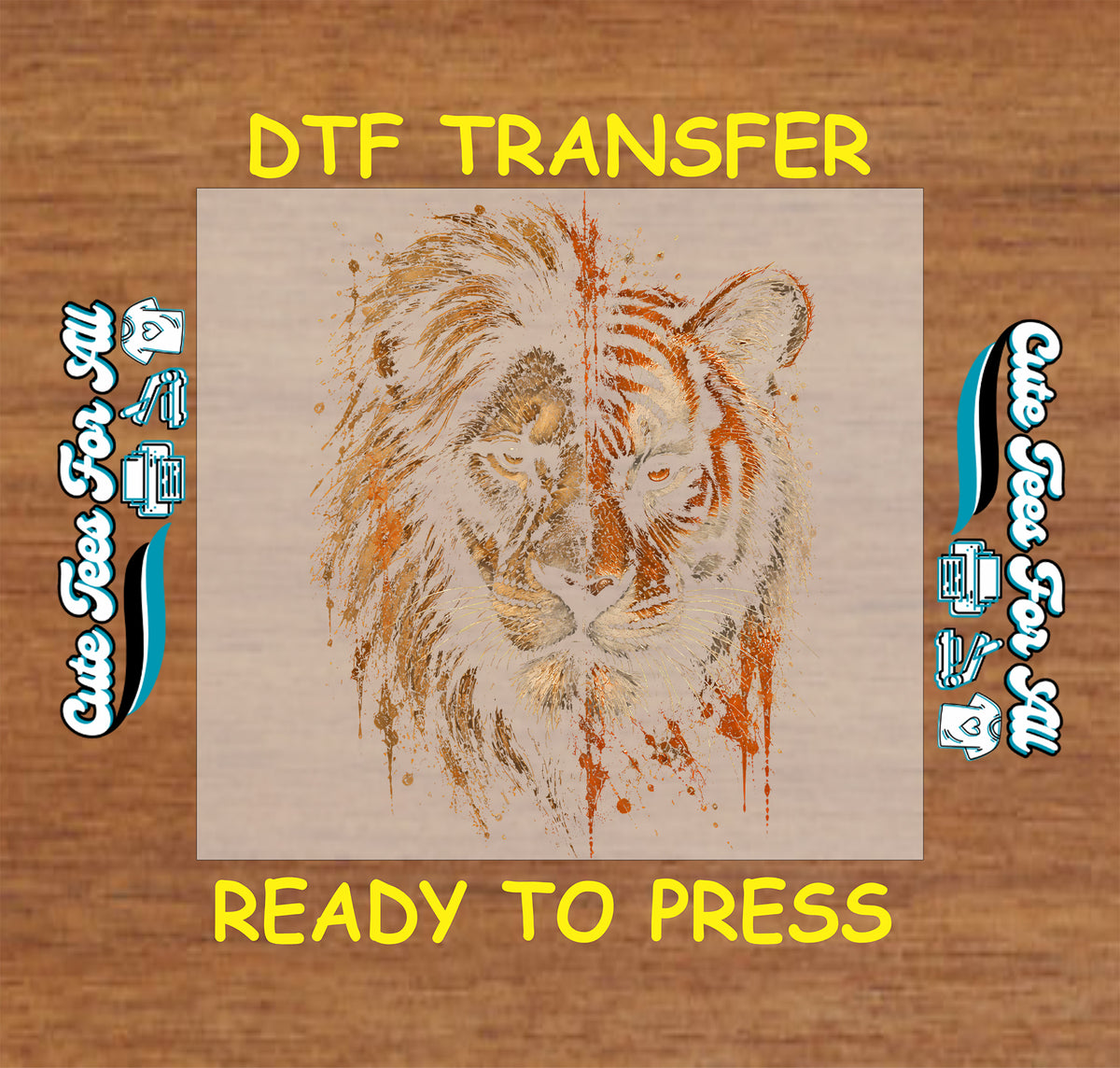Lion and tiger DTF transfer featuring a dramatic split wildlife face with orange, black, brown and cream brushstroke and paint-splatter effects.