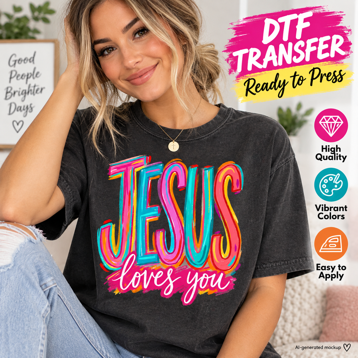 A woman wearing a black graphic t-shirt with a colorful 'JESUS loves you' DTF transfer design, set against a cozy indoor background with promotional text overlays.