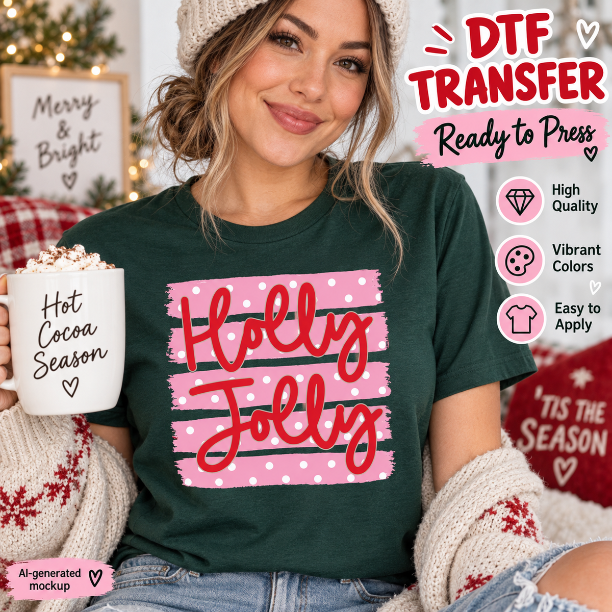 A woman wearing a dark green t-shirt with a pink and red 'Holly Jolly' DTF transfer graphic, holding a mug of hot cocoa in a cozy holiday setting. Text overlays on the right describe the DTF transfer product features.