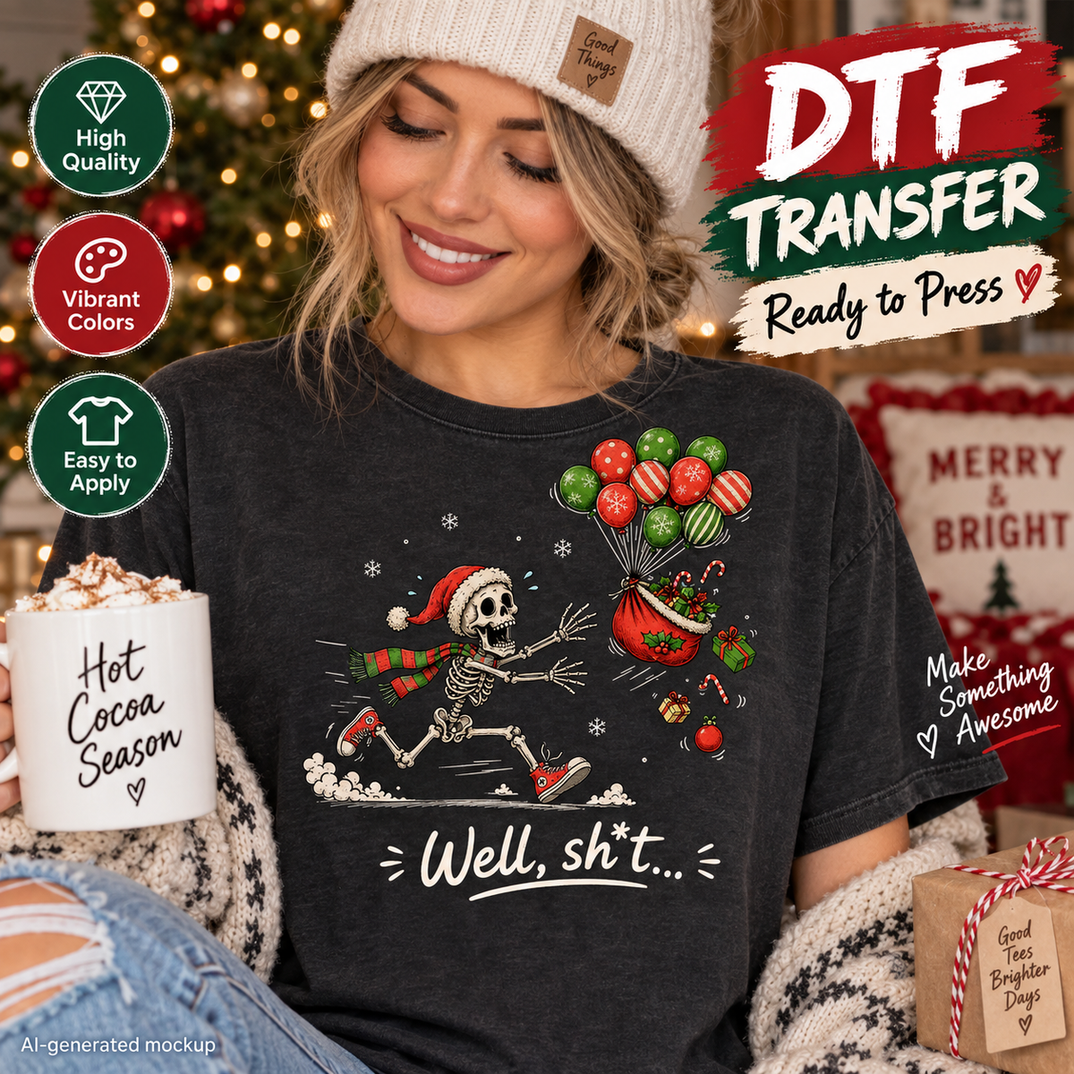 Woman wearing a dark charcoal Christmas shirt featuring a skeleton in a Santa hat chasing holiday gifts and balloons with the phrase Well sh*t as a DTF transfer mockup.