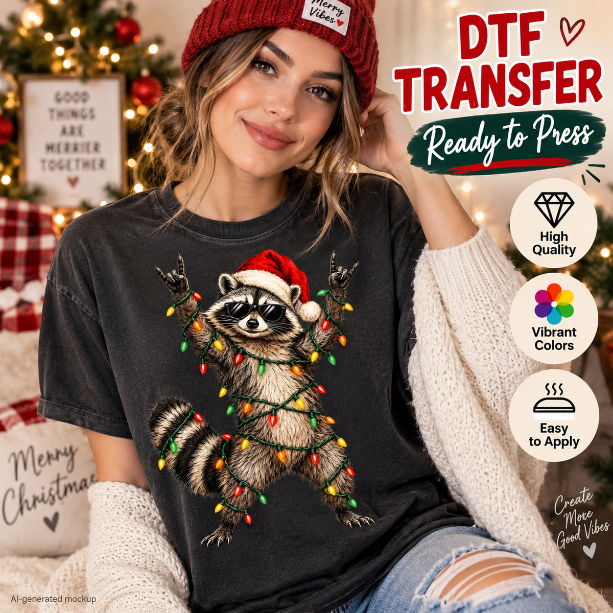 Woman wearing a dark charcoal shirt featuring a Christmas raccoon in a Santa hat and sunglasses wrapped in colorful holiday lights as a DTF transfer mockup.