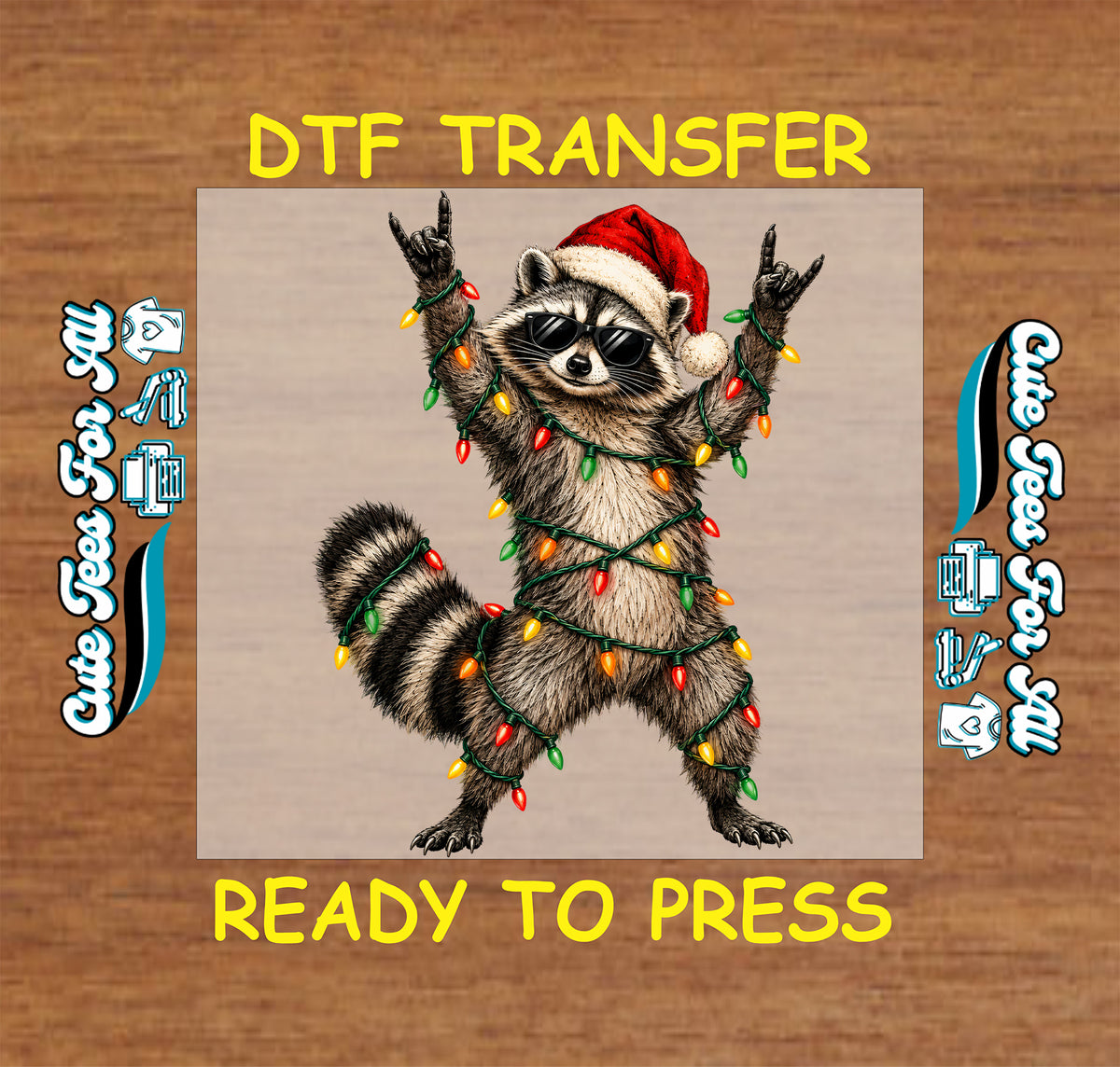 Christmas raccoon DTF transfer featuring a raccoon wearing sunglasses and a Santa hat wrapped in red, green, yellow and orange Christmas lights.