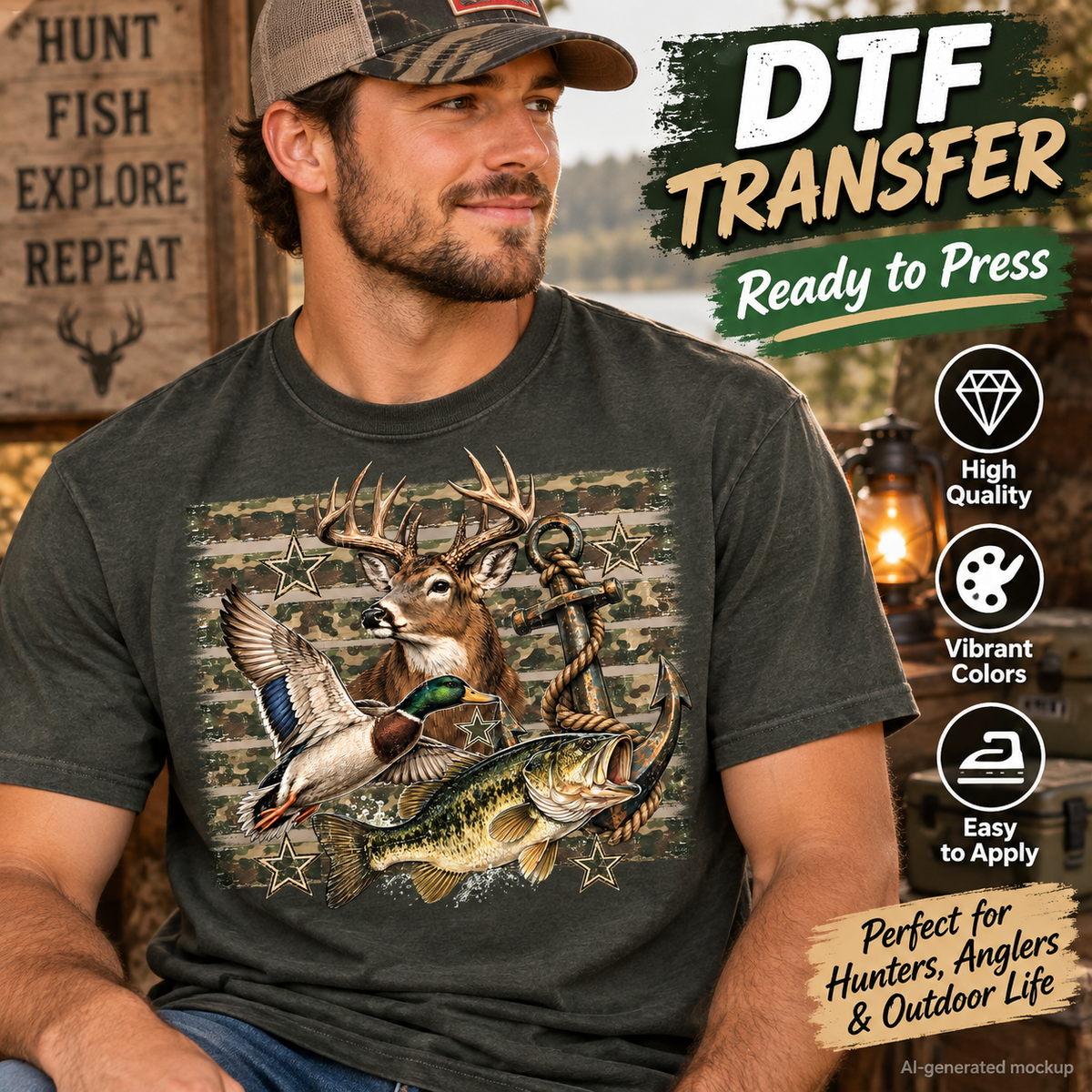 Man wearing a dark charcoal shirt featuring a hunting and fishing design with a deer, duck, bass, anchor, stars and camouflage details as a DTF transfer mockup.