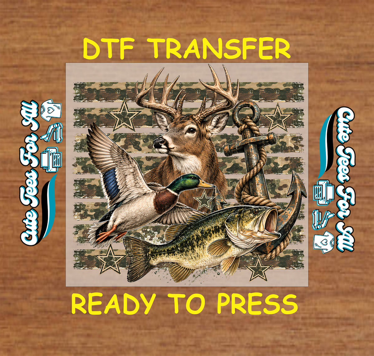 Hunting fishing DTF transfer featuring a whitetail deer, flying duck, largemouth bass, rustic anchor, stars and distressed camouflage background.