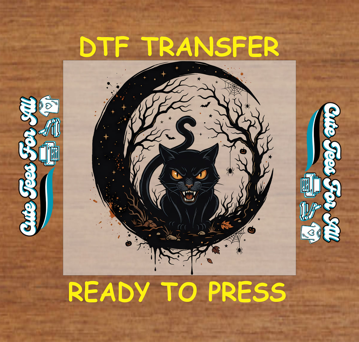 Black cat Halloween DTF transfer featuring a fierce black cat, crescent moon, bare tree branches, spiders, bats, pumpkins and orange spooky details.