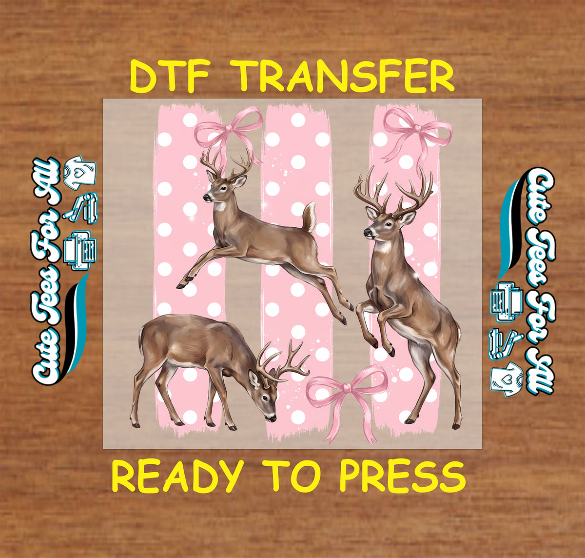 Pink bow deer DTF transfer featuring multiple whitetail bucks, pink ribbon bows and a pink polka dot background.